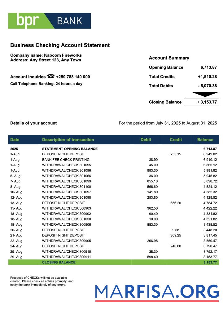 Realistic Rwanda BPR company checking account statement Word and PDF template